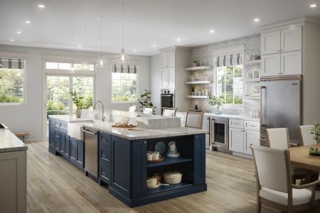 a kitchen island with blue cabinets